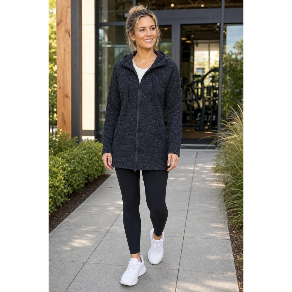 Athleta Stronger Long Hoodie Women's M Black Heather Fleece Athleisure